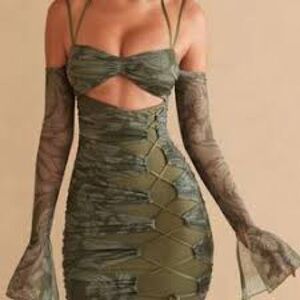 Oh Polly Olive Green Lace-Up Mini Dress